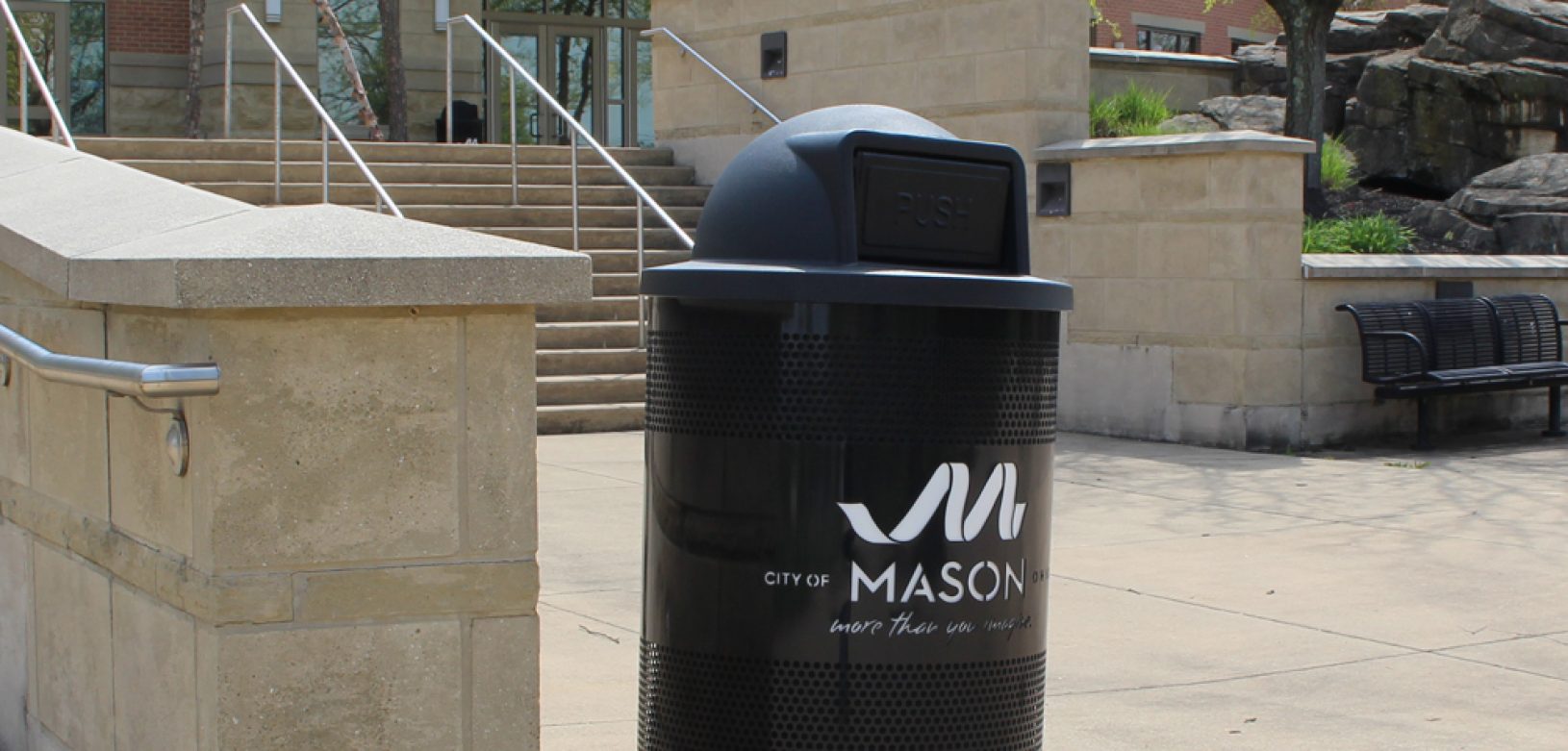 Witt Custom Logo City of Mason Branded Trash Cans at City Hall